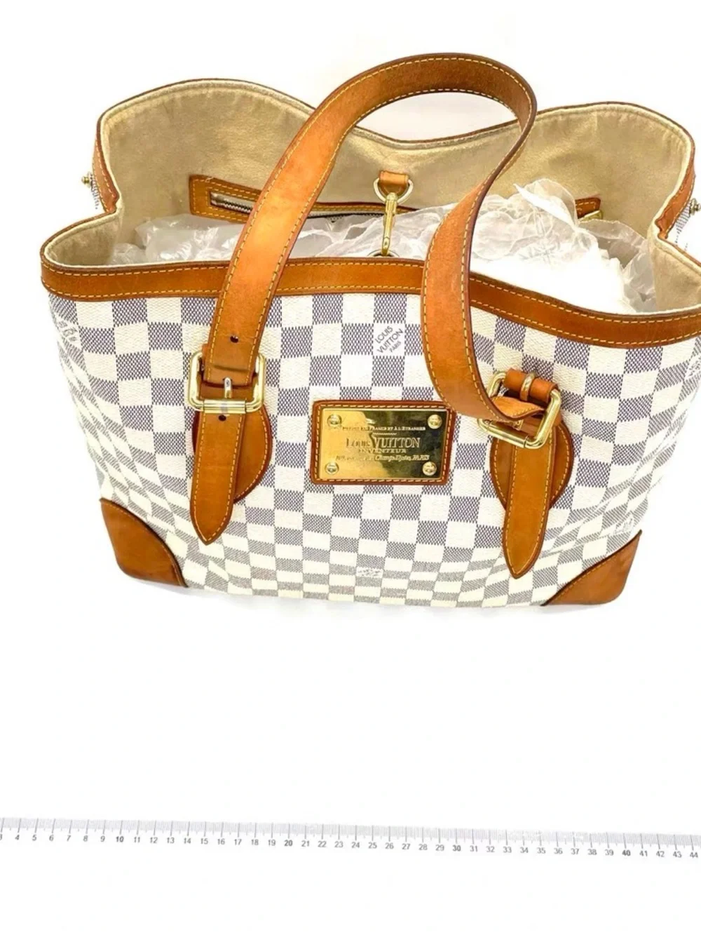 LOUIS VUITTON Damier Azur Hampstead MM Bag  Tote Bag with Tan Trim - Beige/White